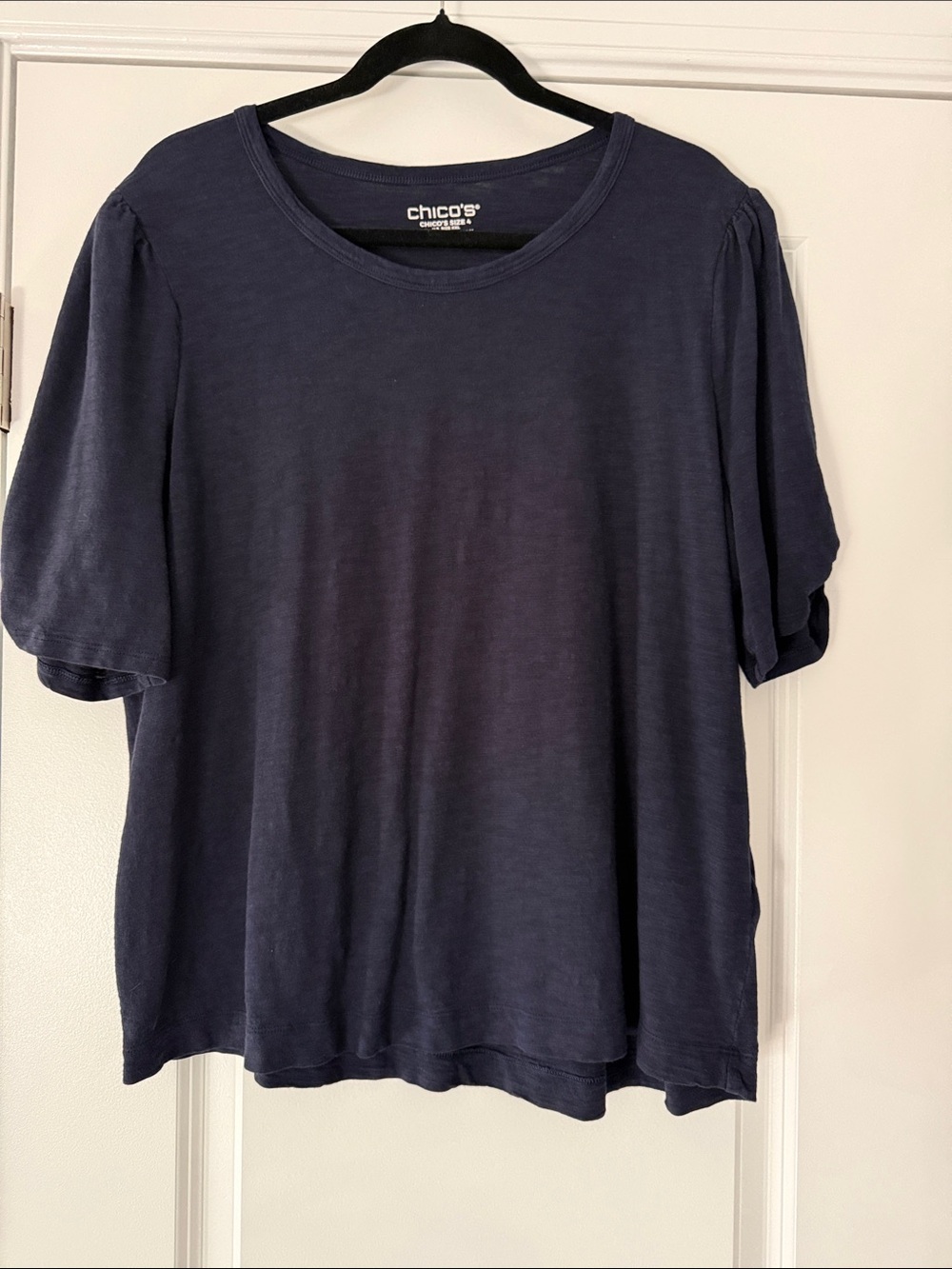 Chico's Navy Short Sleeve Crewneck with Subtle Puff Sleeves
